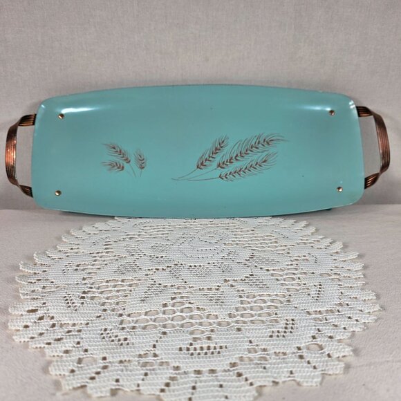 Other - Vintage Turquoise Wheat Motif Enamel Serving Tray With Copper Handles